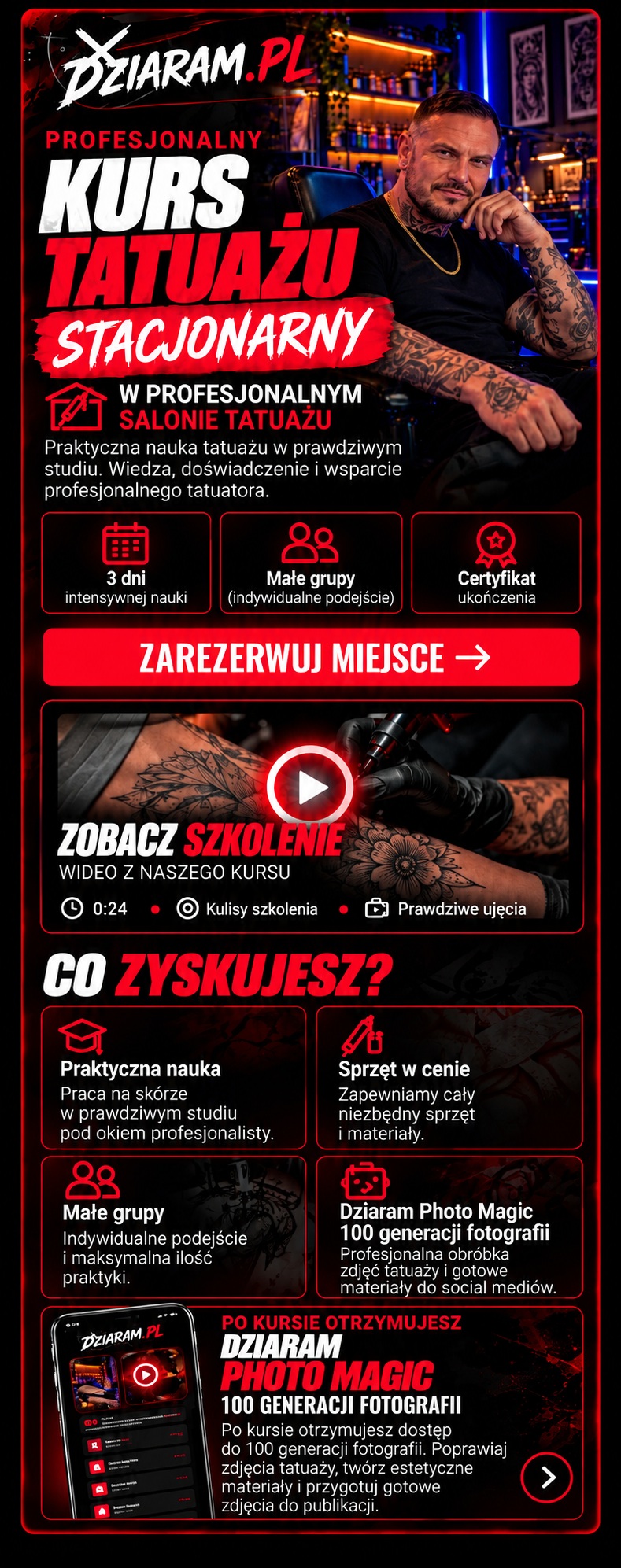Kurs stacjonarny DZIARAM: instruktor, trzy dni, korzyści, nagranie i roczny dostęp do AI