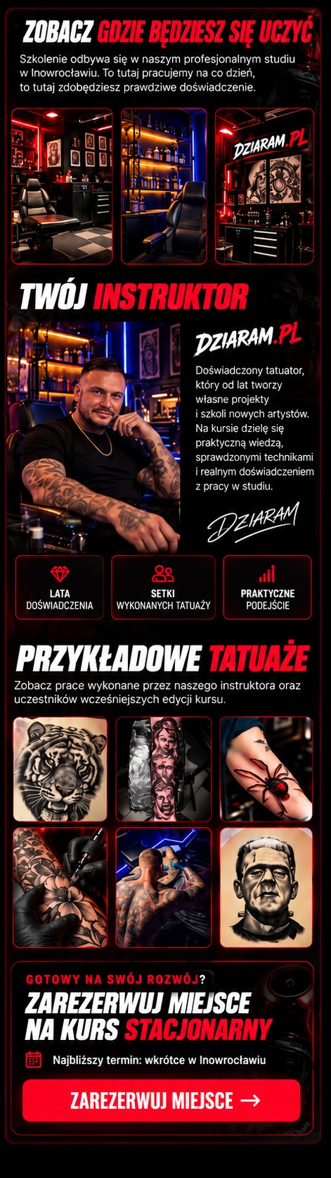 Galeria studia tatuażu, instruktor i przykładowe tatuaże